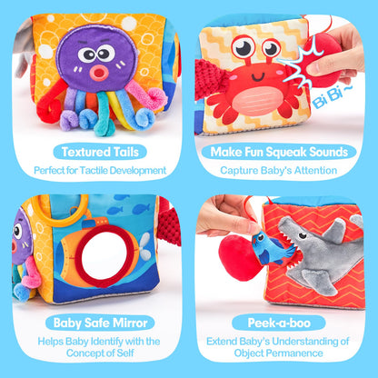 hahaland Baby Tissue Box Toy - Baby Toys 6-12 Months Montessori Toys for 6 Month Old with Textured Tails, Cloth Tissues, Crinkle, Squeaky Sounds, Mirror - Gifts Play Silks Sensoy Scarves for Babies