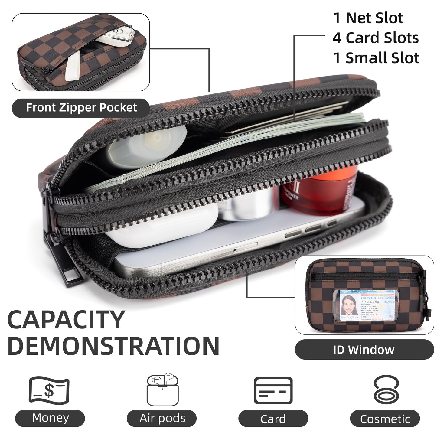 FODOKO Wristlet Wallet for Women RFID Crossbody Bag with 4 Zippers, Small Purse with Card Holder & Phone Pocket, Lightweight Travel Cell Phone Organizer