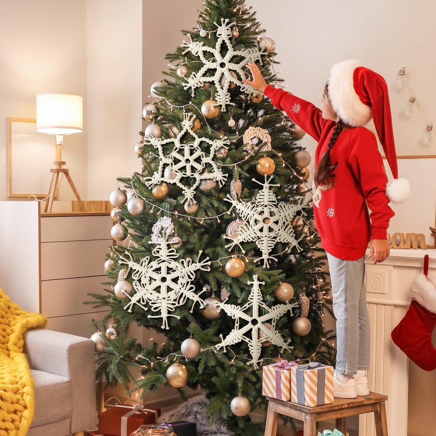 RattanView 5 Pcs Large Winter Macrame Snowflake Wall Decor - 11.8 Inch White Handmade Woven Wall Art Hanging Ornaments for Home Window Winter Party Decorations