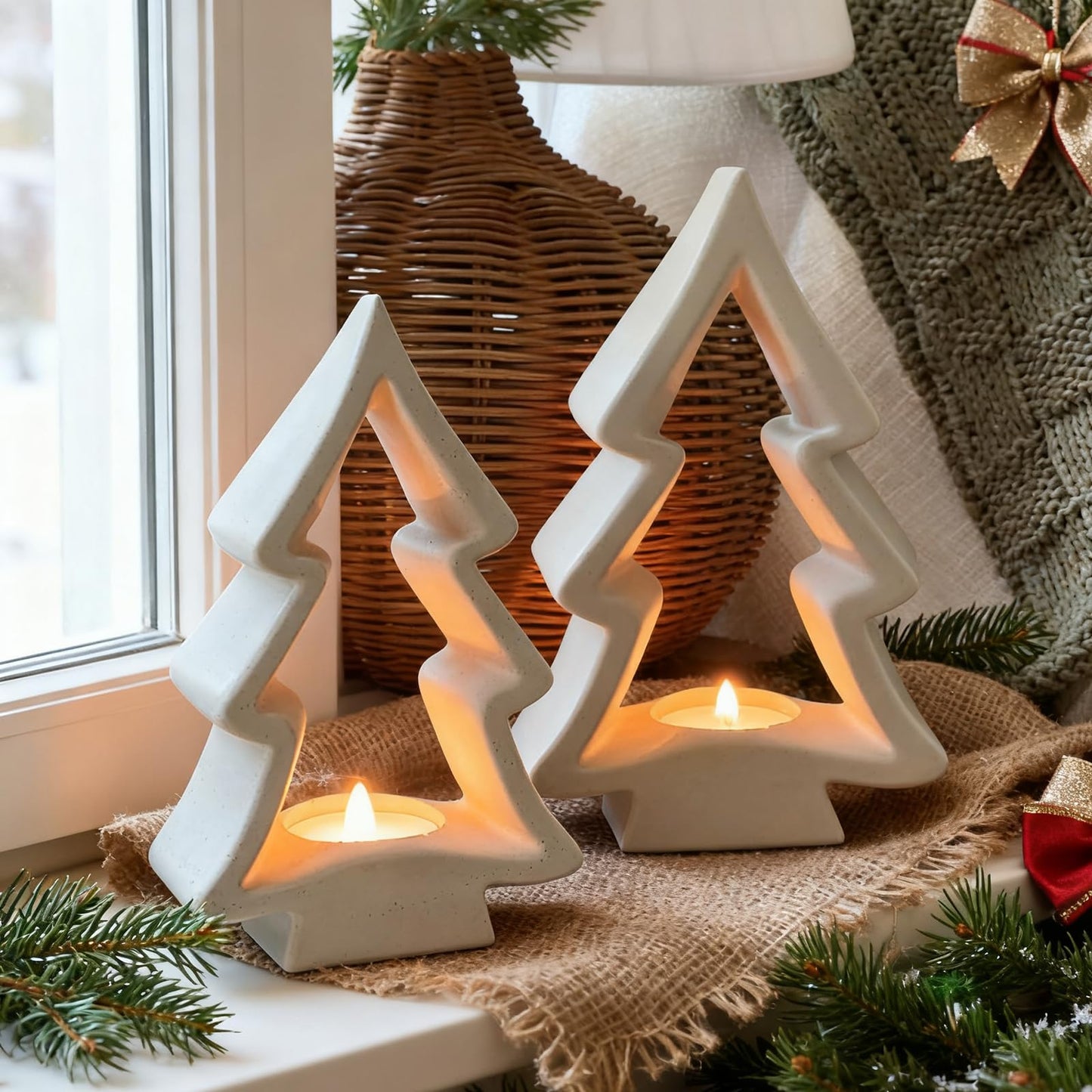 AceOrbit 2 Pcs Christmas Tree Candle Holders White Wooden Tealight Holders Wooden Farmhouse Rustic Candle Stick Xmas for Christmas Table Centerpiece Mantel Decor