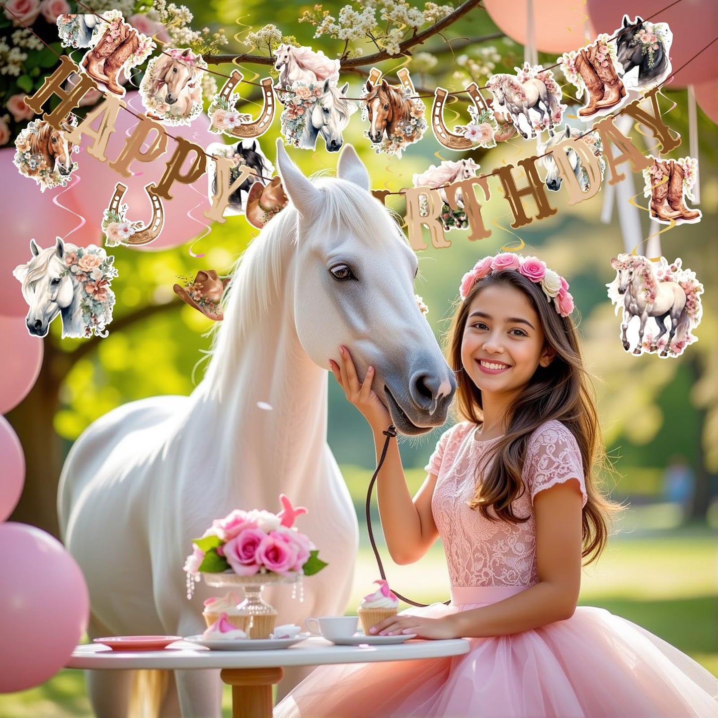 OBBOLO Horse Birthday Decorations for Girls, Brown and Pink Horse Cowgirl Party Decorations with Cowgirl Hanging Swirls, Happy Birthday Banners, Western Party for Women