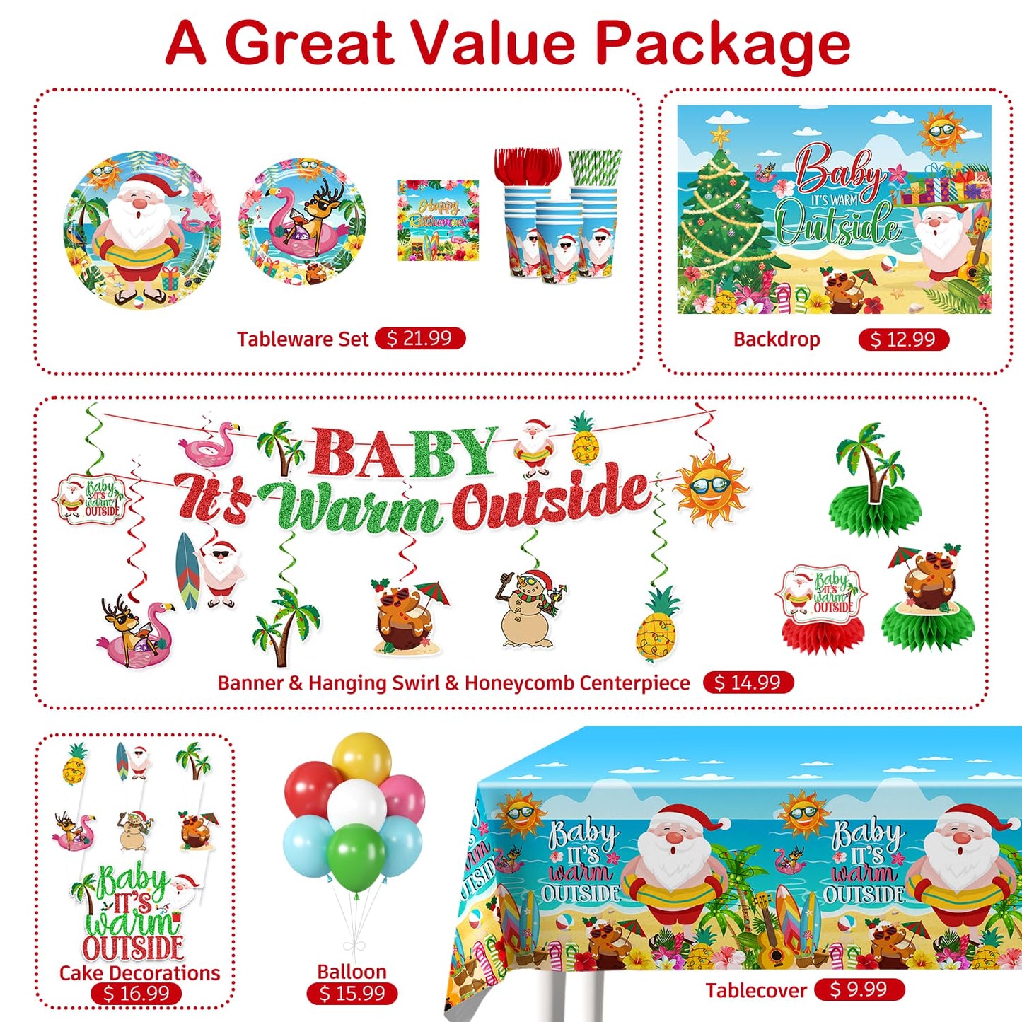 Christmas in July Decorations, Baby It's Warm Outside Party Decor - 196PCS All-in-One Set, Serves 25, Tableware Kit with Banner, Backdrop, Tablecloth, Balloons & Cupcake Toppers