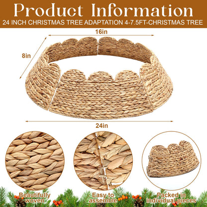 Cinnvoice Woven Rattan Scalloped Christmas Tree Collar 24 Inch Natural Ring Rustic Farmhouse Water Hyacinth Base Cover Skirt for 4-6 ft Xmas Tree Holiday House Decoration