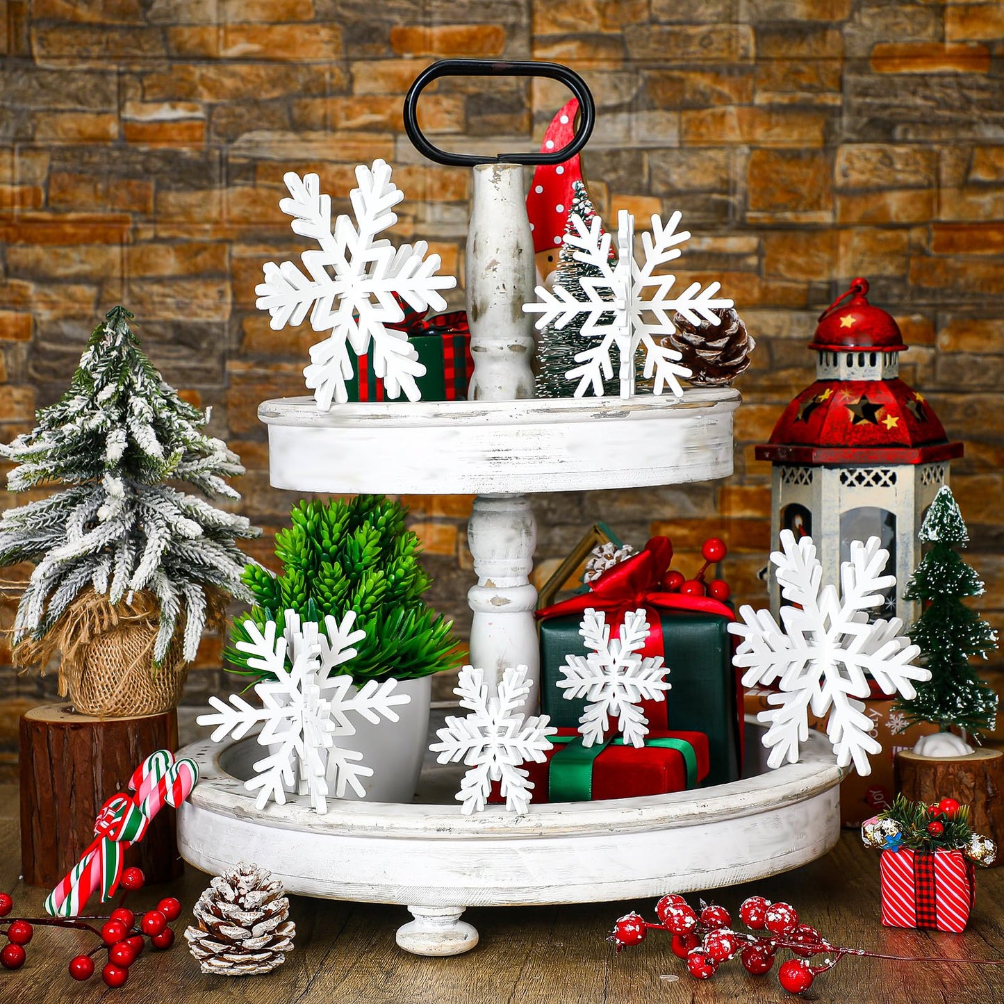 Qunclay 20 Pcs Wooden Snowflake Decorations 3D Snowflake Tabletop Decor Winter Signs and Centerpiece for Winter Wonderland Decorations Xmas Tiered Tray Decor(White)