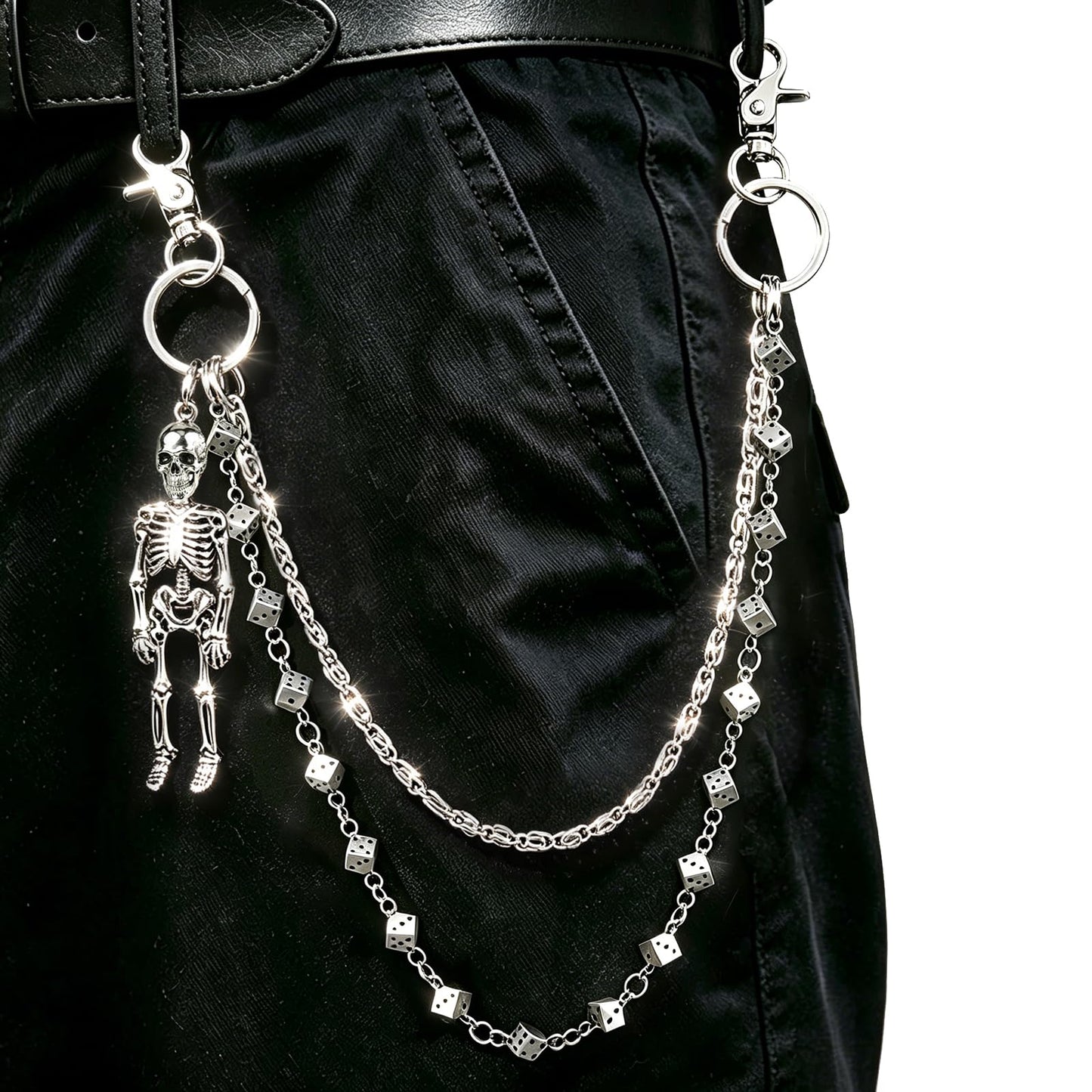 Skull Wallet Chain with 3D Dice Links for Men Women - 2 Layer Punk Pants Chain with Gothic Metal Ornament, Heavy Duty Biker Jean Chain Grunge Belt Loop Accessories for Eboy Egirl Streetwear(Silver)