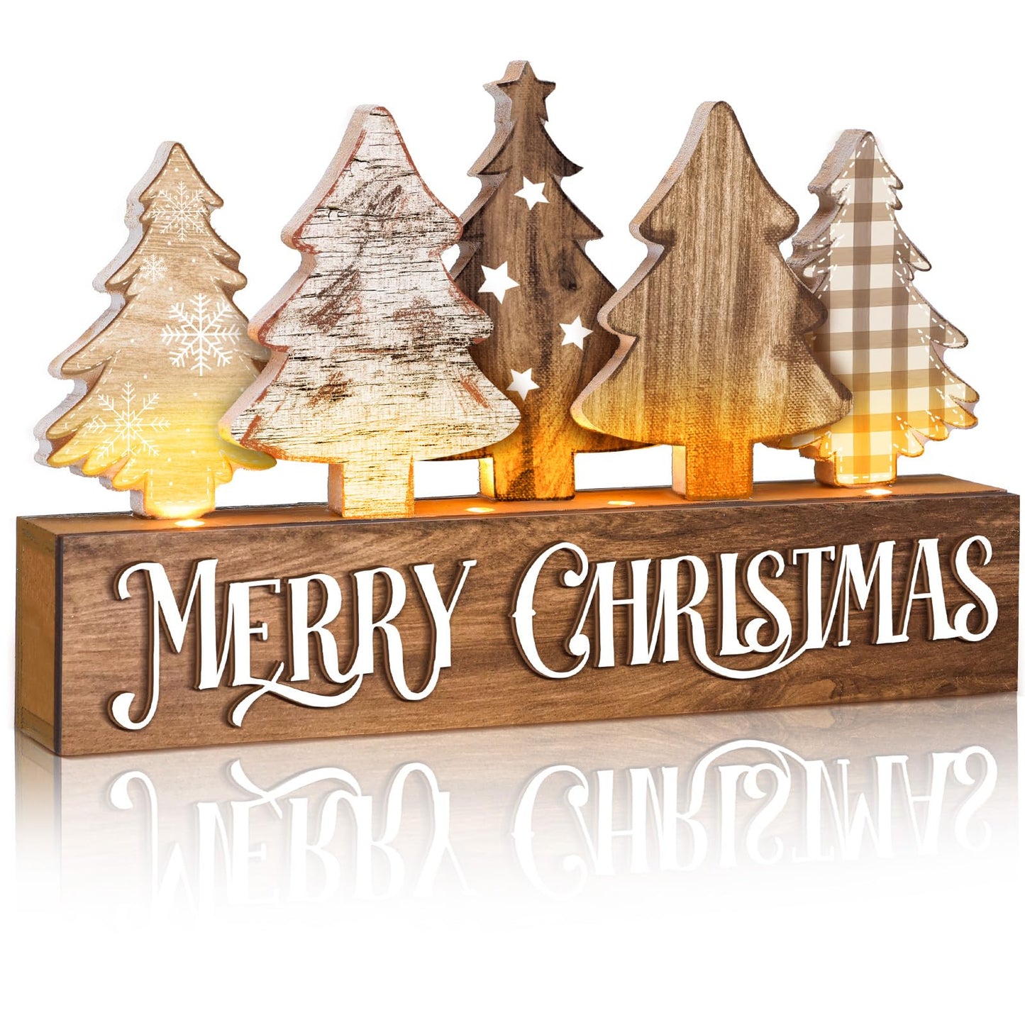Chunful Lighted Wooden Christmas Tree Decor Rustic Christmas Tabletop Decoration Sign for Home Office Fireplace Farmhouse Xmas Party Table Centerpieces