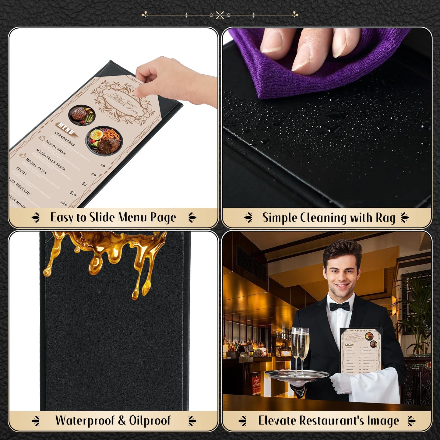 FLKQC Menu Covers 4.25" x 11" – 10 Pack 1 View Black PU Leather Restaurant Menu Holders, Single Panel with Angled Corners for Food Menus, Wine Lists & Drink Specials & Cocktail, Perfect for Parties