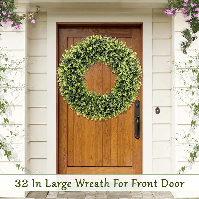 32 Inch Extra Large Boxwoods Green Spring Artificial Wreath for Front Door, Year Round Spring Summer Winter Wreaths for Wall Window Porch Home Farmhouse Outdoor Outside Indoor Decorations