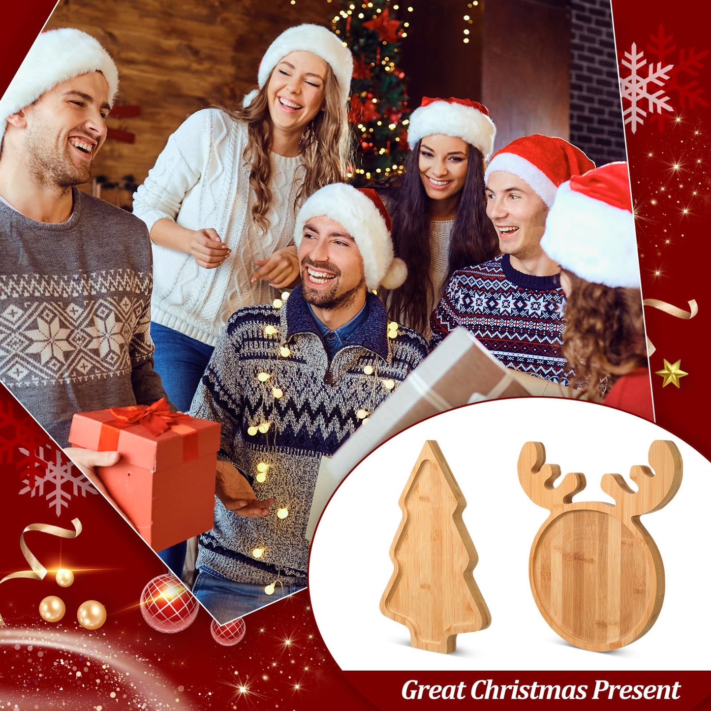 Sintuff 2 Pcs Christmas Charcuterie Board Xams Tree and Elk Shaped Bamboo Serving Tray Natural Wooden Snack Platters Cute Gifts Christmas Tree Platter for Christmas Party 11.8 x 7.9 In, 11.8 x 11.8 in