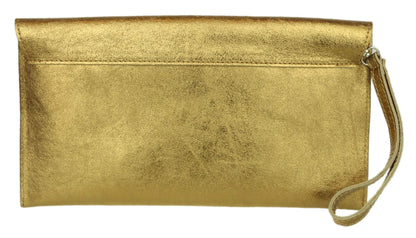Girly HandBags Womens Italian Suede Leather Envelope Clutch Bag (Metallic Old Gold)