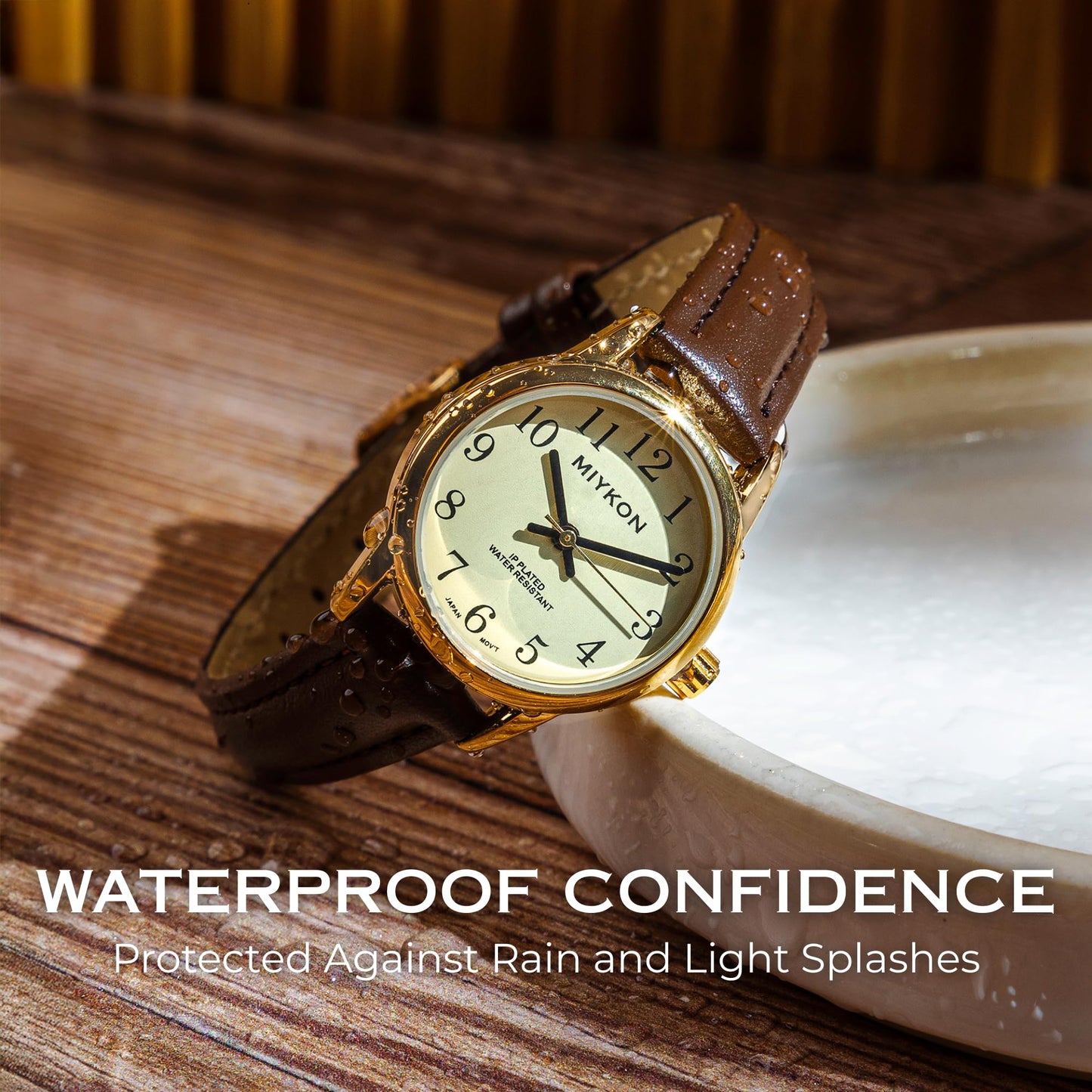 Miykon Dainty Minimalist Casual Dress Watches for Women – Small Easy Reader Analog Watch with Genuine Leather Strap and Second Hand – Japanese Quartz, Waterproof to 100ft (Brown Strap, Gold Case, Gold Dial, 26mm)