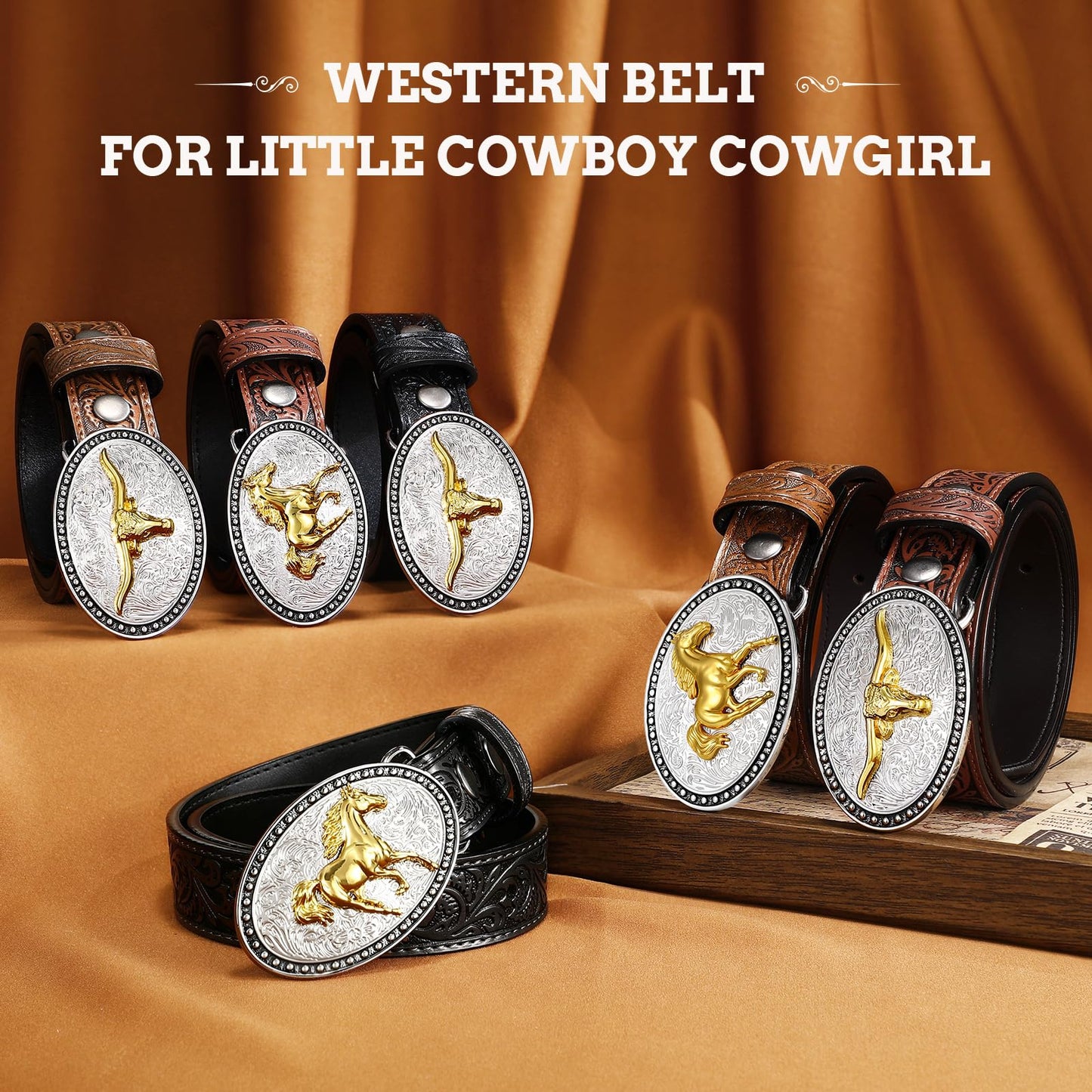 JKEEMI Kids Cowboy Belt for Boys Girls, Removable Buckle and Adjustable Embossed PU Leather Girls Boys Western Belt for Jeans