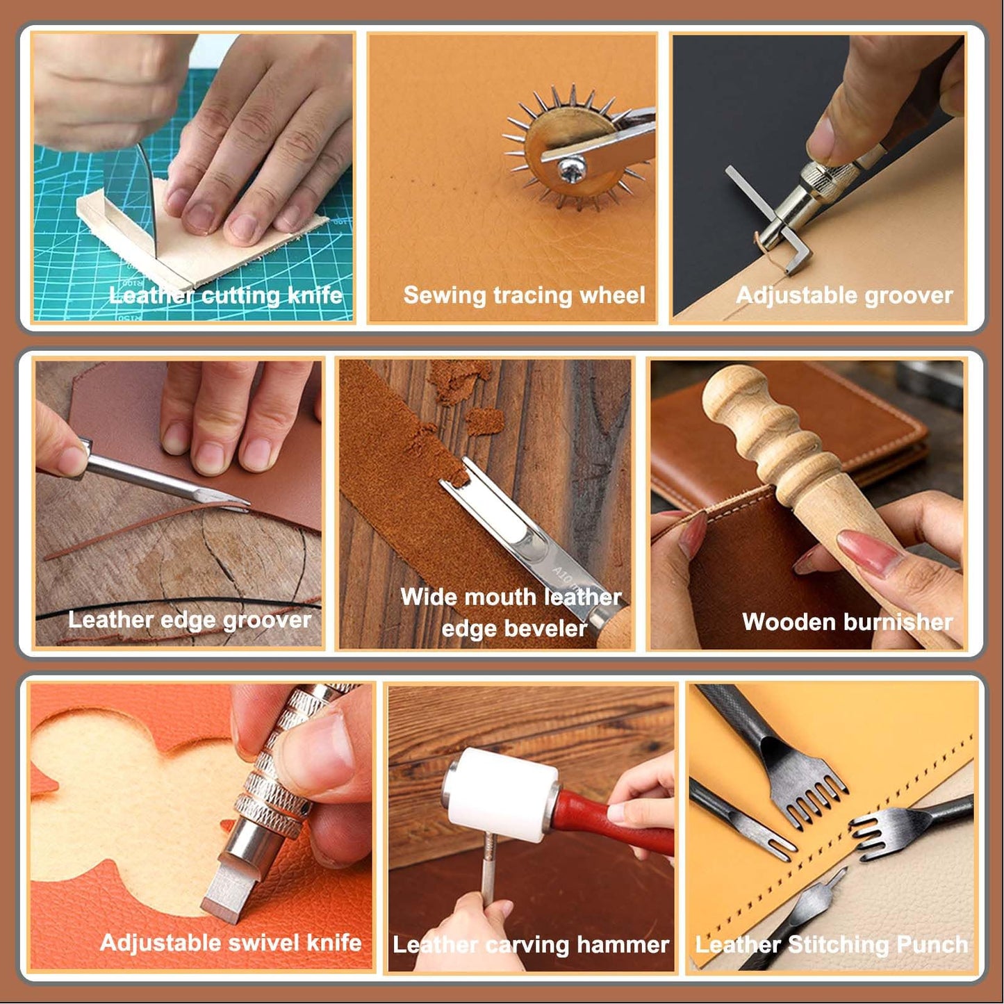Leather Working Tools, Practical Leather Craft Kit with Carving Sewing Punching Cutting and Other Sanding Tools for Crafting, Repair DIY Projects