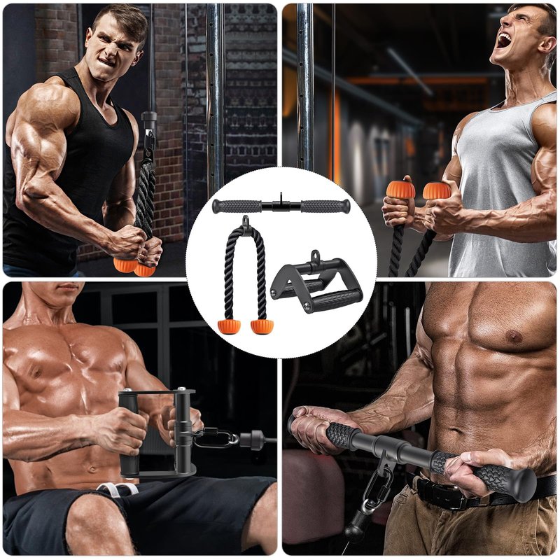 SELEWARE Cable Machine Attachments Set LAT Pulldown Attachments Cable Machine Accessories for Home Gym Weight Workout Tricep Rope Double D Row Handle V Bar Handle Pull Down Bar Straight Bar