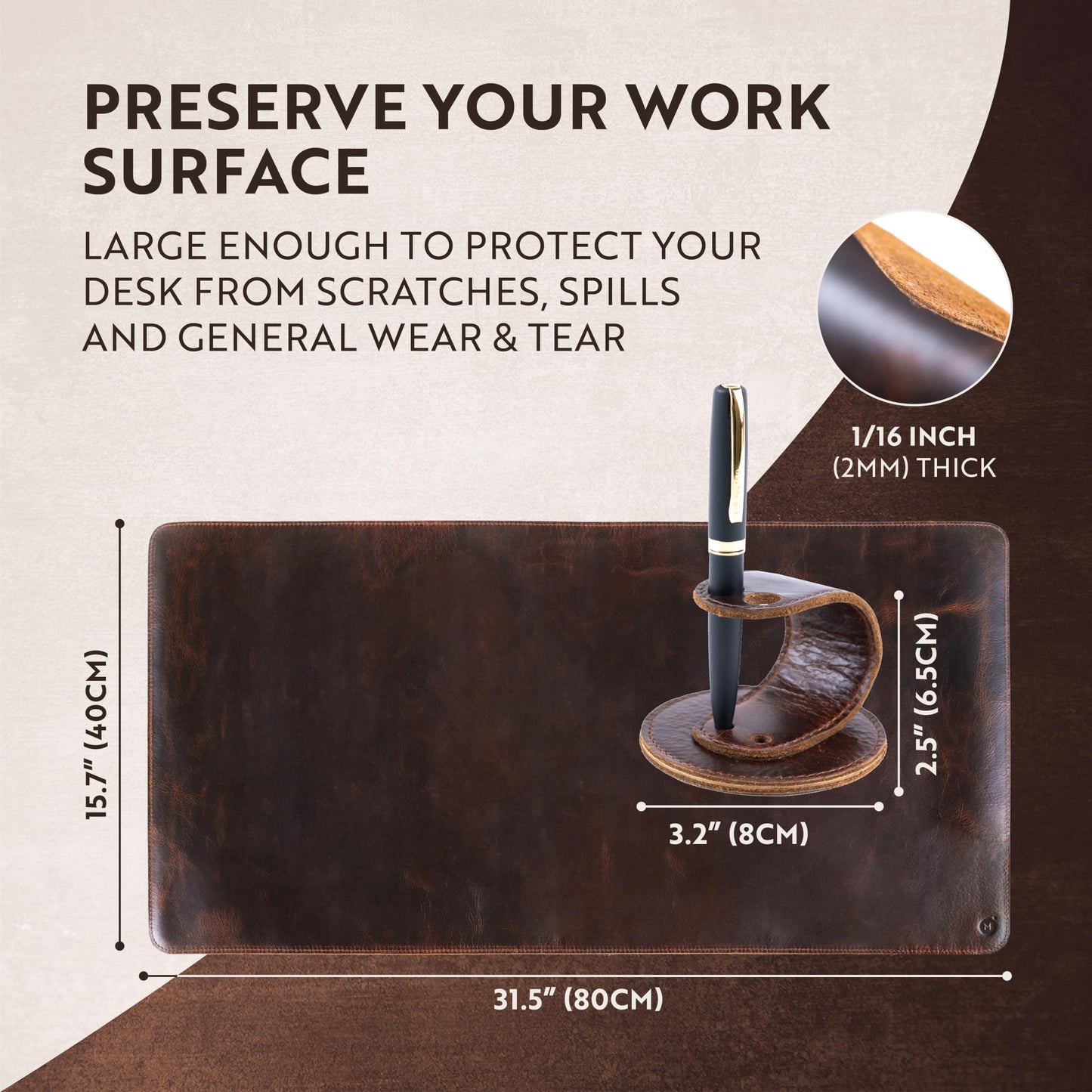 moonster 100% Full Grain Buffalo Leather Desk Pad with Ballpoint Pen & Pen Holder – 31 x 16 in Office Desk Mat, Large Mouse Pad, Non-Slip Desk Blotter, Laptop Table Protector, Desk Cover for Work