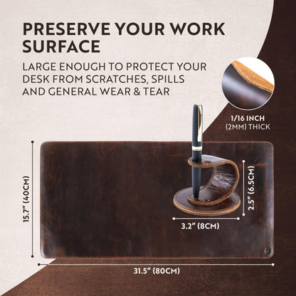 moonster 100% Genuine Leather Desk Pad with Ballpoint Pen Holder – Desk Mat Protector for Office Tables - Large Mouse Pad, Non-Slip PU Leather Desk Blotter, Laptop Desk Cover 31" x 16"