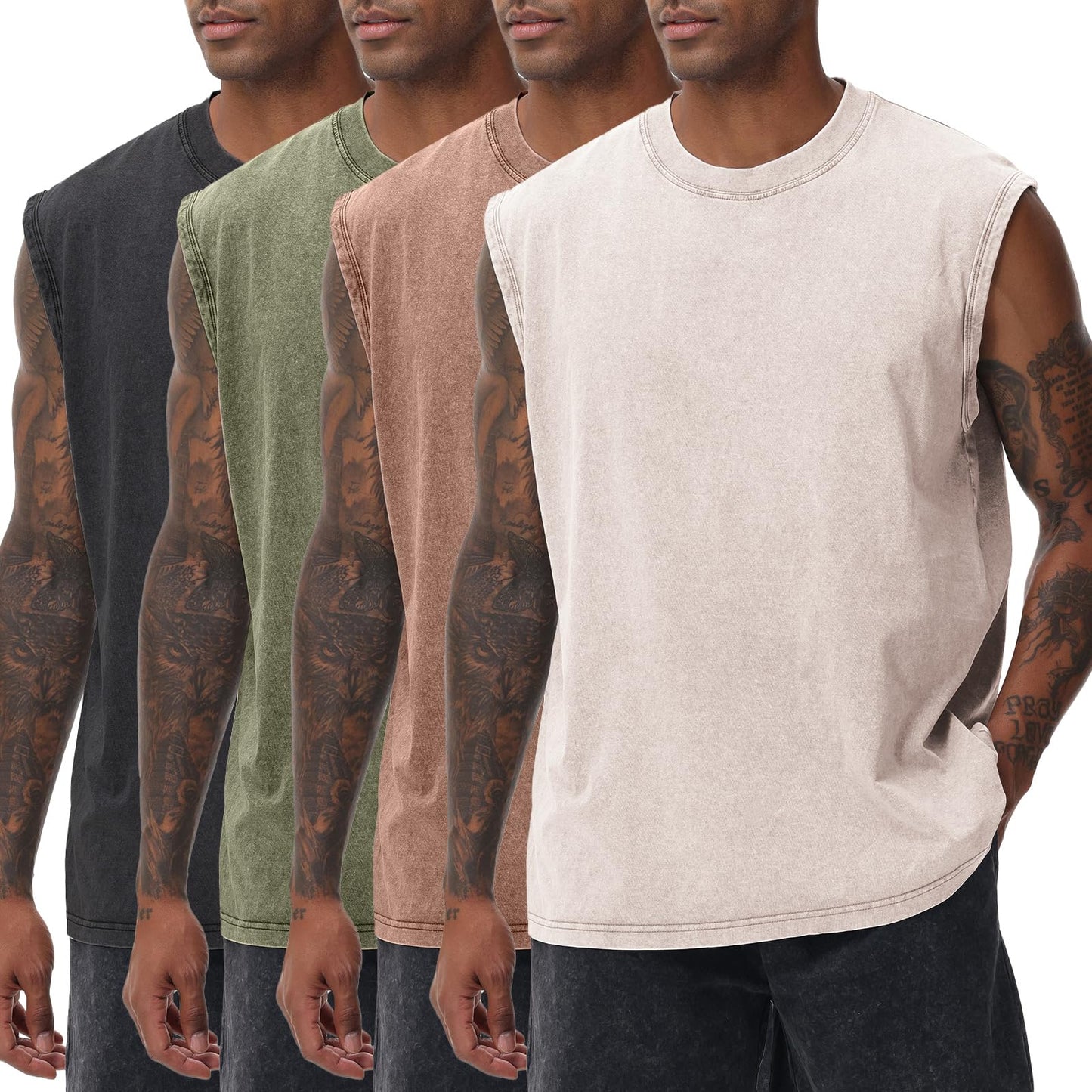SnowElve 4 Pack Mens Workout Tank Tops Sleeveless Tee Shirts Men Muscle Shirt Gym Acid Wash T Shirts Running Beach Loose Fit Tee(BKAGCFBG,3XL)