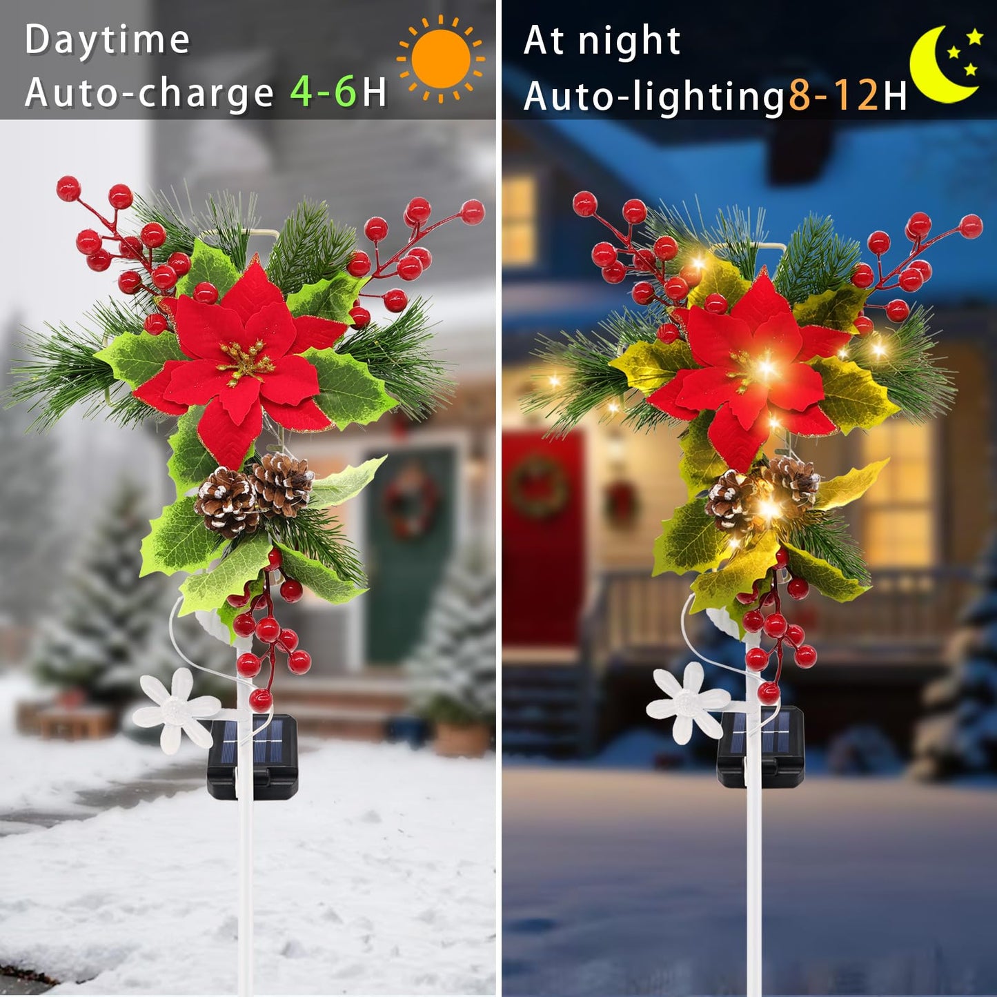 stadeco Solar Christmas Decorations Outdoor, 32 Inch Solar Christmas Cross Stake Lights, Waterproof Grave Decorations with Poinsettia Flower Pinecones Red Berries for Garden Yard Patio Lawn Cemetery