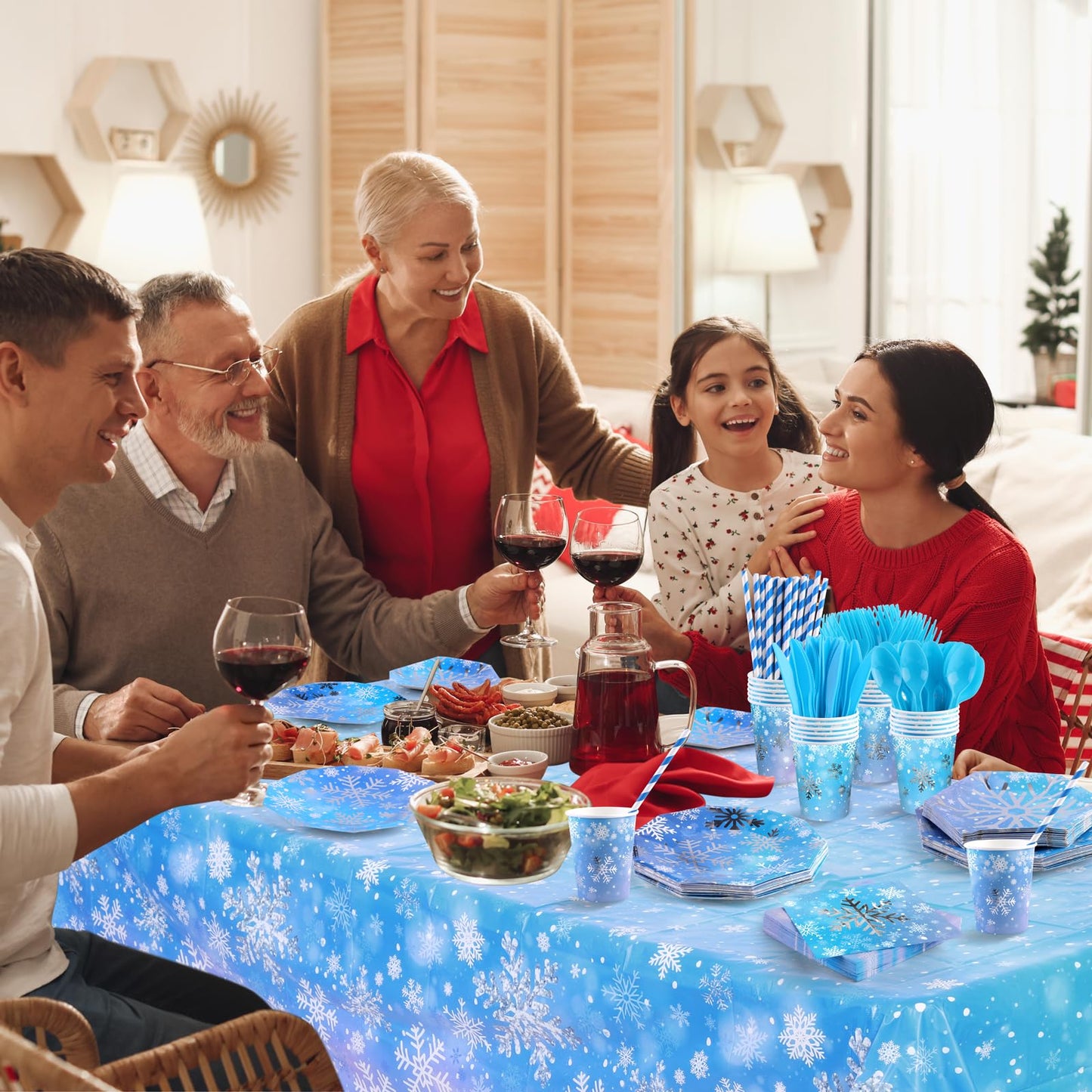 durony 201 Pieces Winter Snowflake Party Tableware Supplies Frozen Birthday Silver Stamping Snowflake Paper Plates Napkins Cups Straws Cutlery Tablecloth for Winter Frozen Party Supplies, Serve for 25