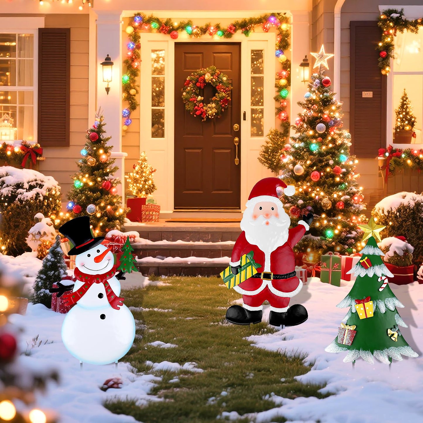 DETENE 3 Pcs Christmas Decorative Metal Stakes Outdoor Christmas Decor Metal Xmas Snowman Santa Claus Tree Yard Decorations for Garden Lawn Yard Signs