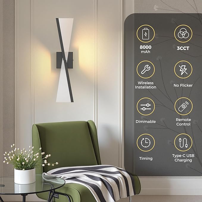 L LOHAS LED Battery Operated Wall Sconces Set of Two, Beautiful Design Vintage Wall Decor, Wireless Wall Sconces Battery Operated, Sconces Wall Decor Set of 2 for Bedroom, Living Room, Black