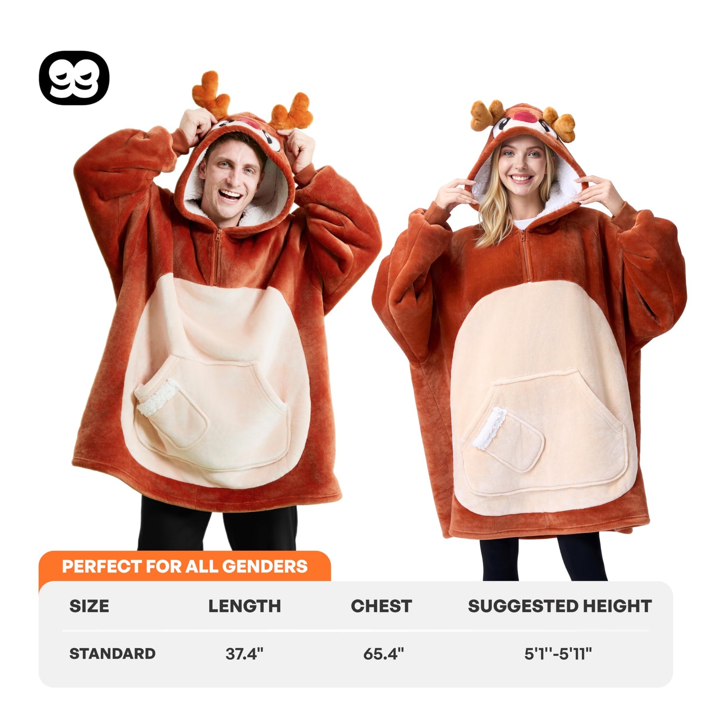 Giggling Getup Wearable Blanket Hoodie for Women Men Sherpa Fleece Hooded Blanket Sweatshirt Warm Cozy Sherpa Wearable Throw Oversized Hoodie with Giant Pocket & Sleeves for Adult Christmas Reindeer