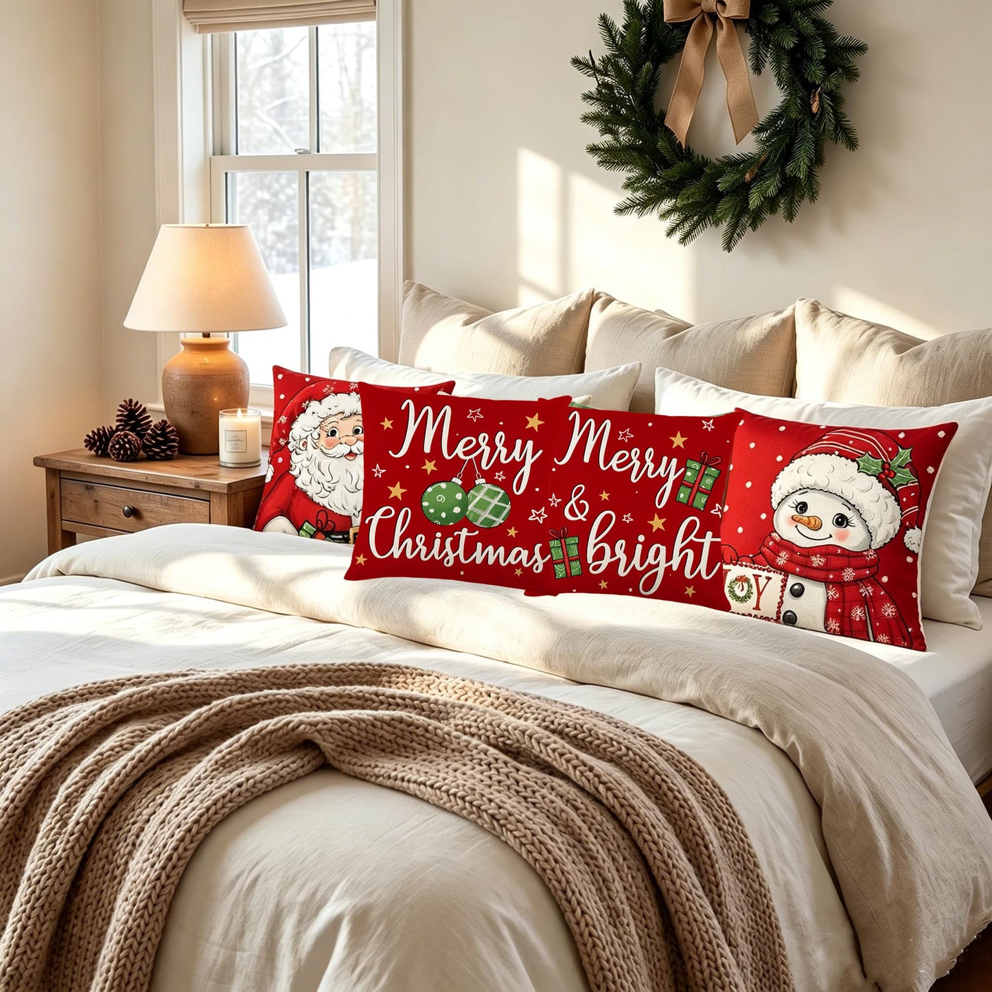 Ni-JASW Red Christmas Throw Pillow Covers 18x18 inch Set of 4, Old Fashioned Santa Snowman Merry Christmas Cushion Covers for Couch Sofa Holiday Decor