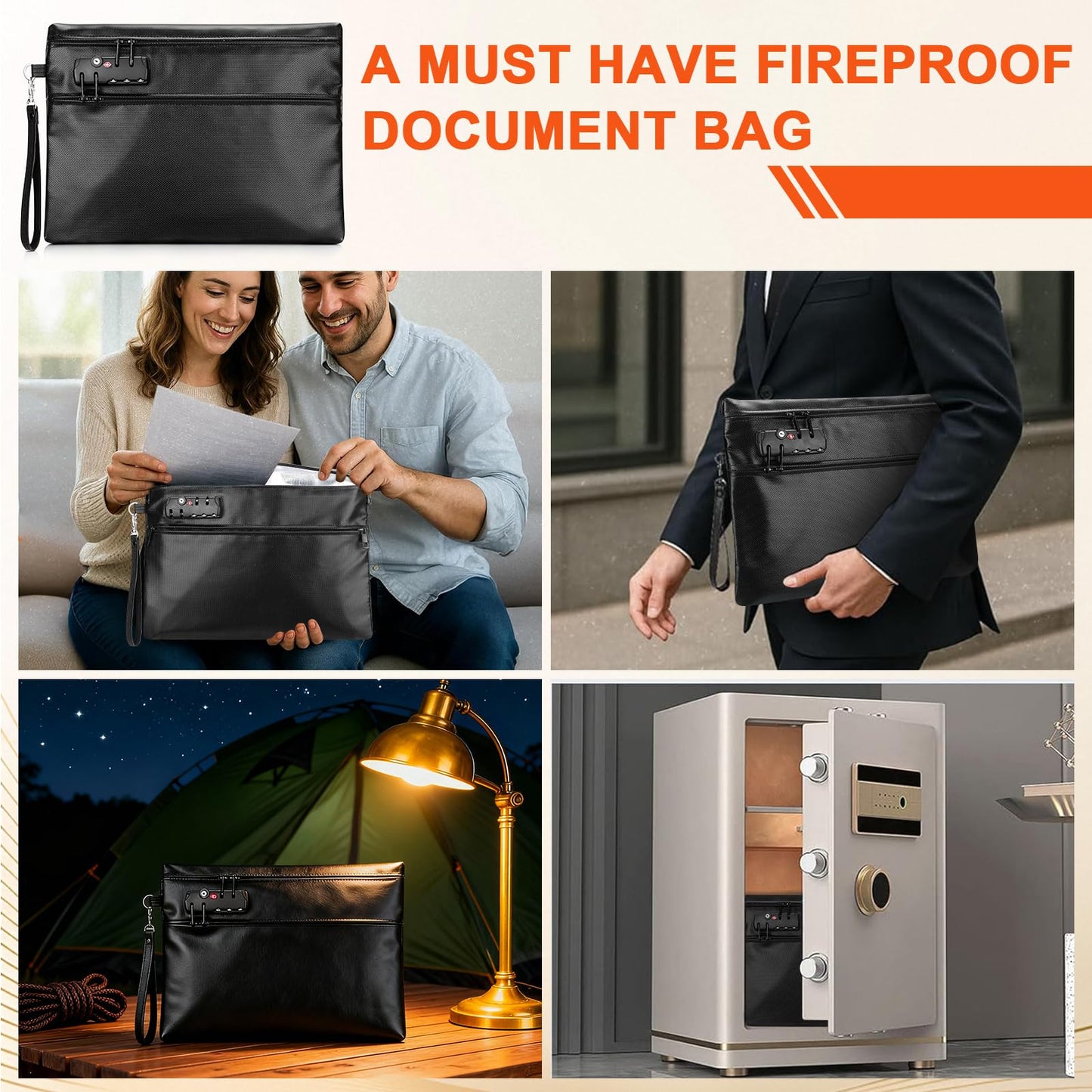 6400°F Fireproof Document Bag with Combination Lock - Heat Resistant Money Bag for Cash, Passports, Deeds, Phones, Waterproof Fire Proof Bag (Black)