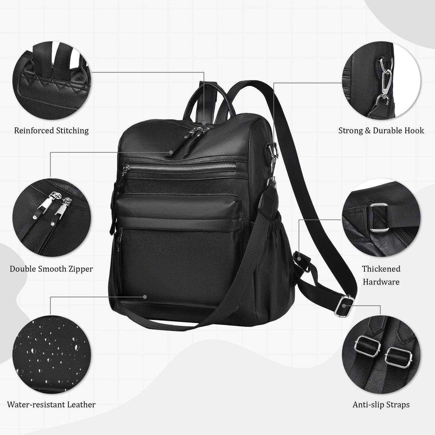 Dora & Liz Womens Backpack Purse Leather Backpack Purse for Women Travel Fashion Backpack Designer Ladies Shoulder Bags (Black Leather)