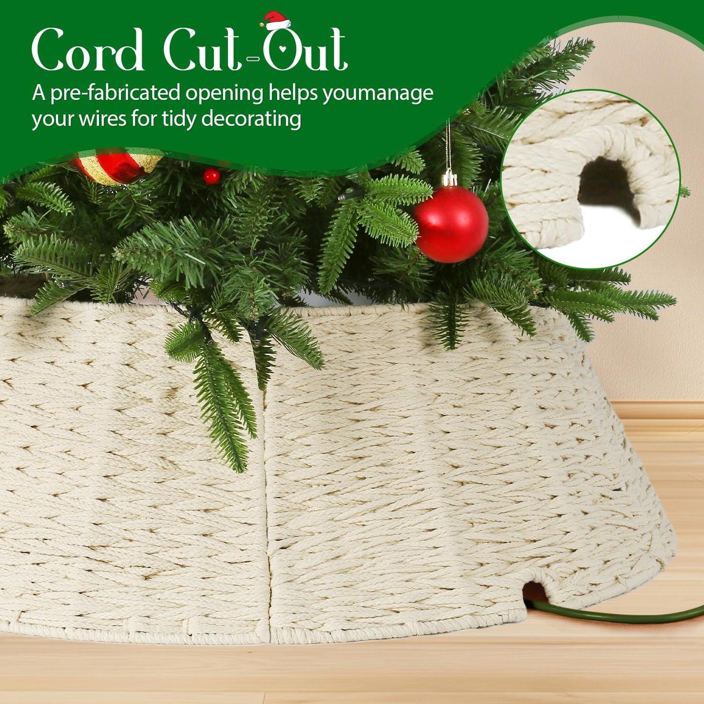 Joyhalo Christmas Tree Collar, 27.5" Tree Skirt Collar for Pencil Tree, Handwoven White Xmas Tree Collar, Woven Xmas Tree Ring, Christmas Tree Base Cover