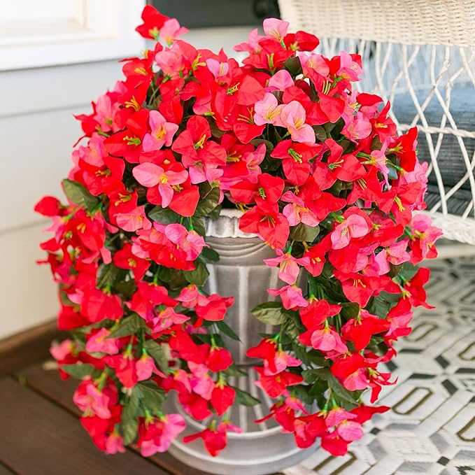 HyeFlora Bougainvillea Artificial Hanging Flowers Plants for Outdoors Decoration, 2pcs Fake Flowers Silk Bougainvillea Vines Realistic UV Resistant Faux Flowers for Outdoor Planters Porch Patio, Mix