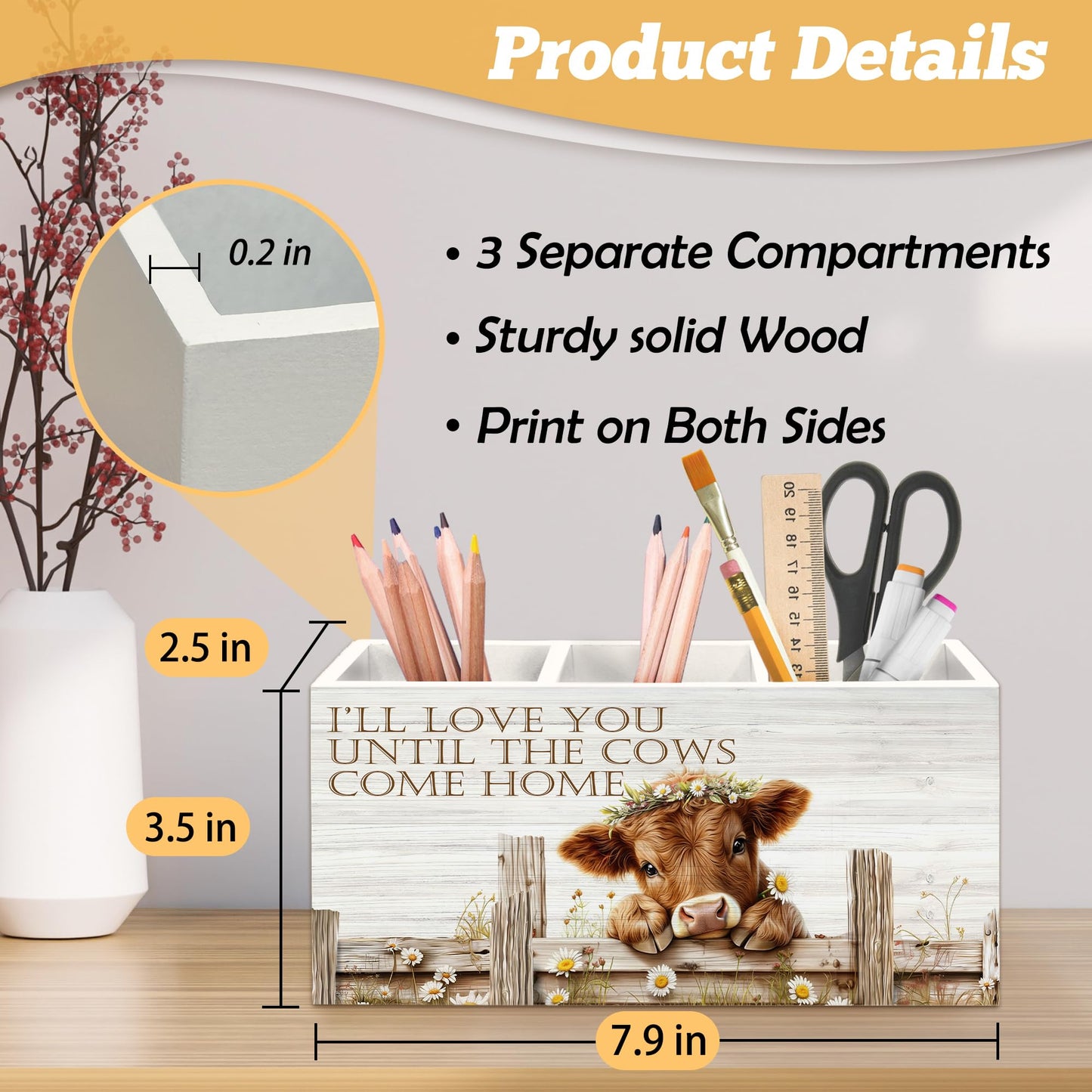 Yjeslw Highland Cow Pen Holder Organizer for Desk Accessories, I Will Love You Till the Cows Come Home Farmhouse Wooden Box Sign Desk Decorations for Home Bedroom Office Decor, Highland Cow Gifts