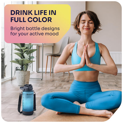 EnergyBud 1/2 Gallon Water Bottle with 74.3 oz Capacity - Motivational Time Markers for Daily Hydration Goals - Leakproof BPA Free Tritan with Removable Straw