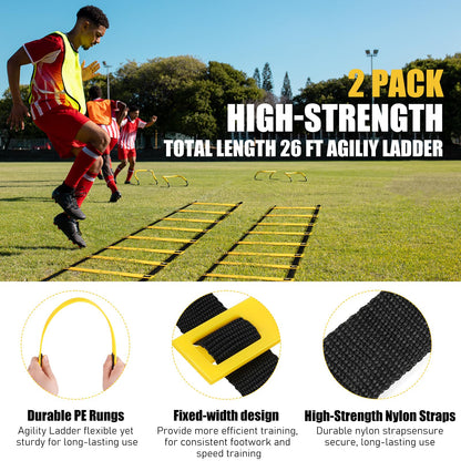 BORNEW 2 Pack Agility Ladder, Soccer Speed Training Equipment Set with Total 26 ft Agility Ladder, 12 Cones, 4 Adjustable Hurdles, Jump Rope, for Soccer, Basketball, Football, Kids, Youth, Adults