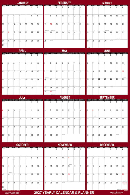 32" x 48" SwiftGlimpse 2027 Wall Calendar Erasable Large Wet & Dry Erase Laminated 12 Month Annual Yearly Wall Planner, Reversible, Horizontal/Vertical, Burgundy