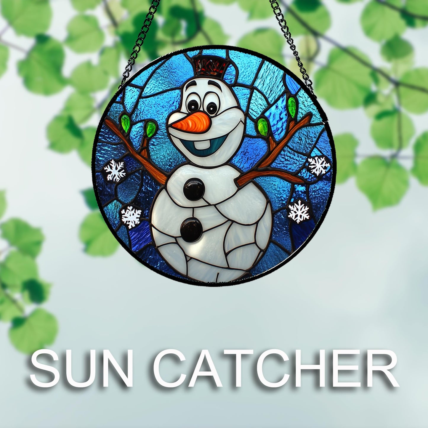 JOSUMALY Stained Glass Window Hanging Christmas Funny Snowman 11.8" - Suncatcher Door Garden Blue White Snowflakes Sun Catcher New Year Birthday for Friend Mom Men Woman Nana