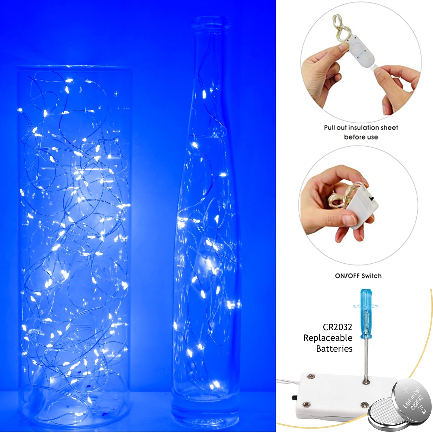 SunKite 16 Packs 20 LED Blue Fairy String Lights Battery Operated Waterproof 6.6 Feet Silver Copper Wire Firefly Starry Moon Lights for DIY Bottle Costume Wedding Party Bedroom Table Decor
