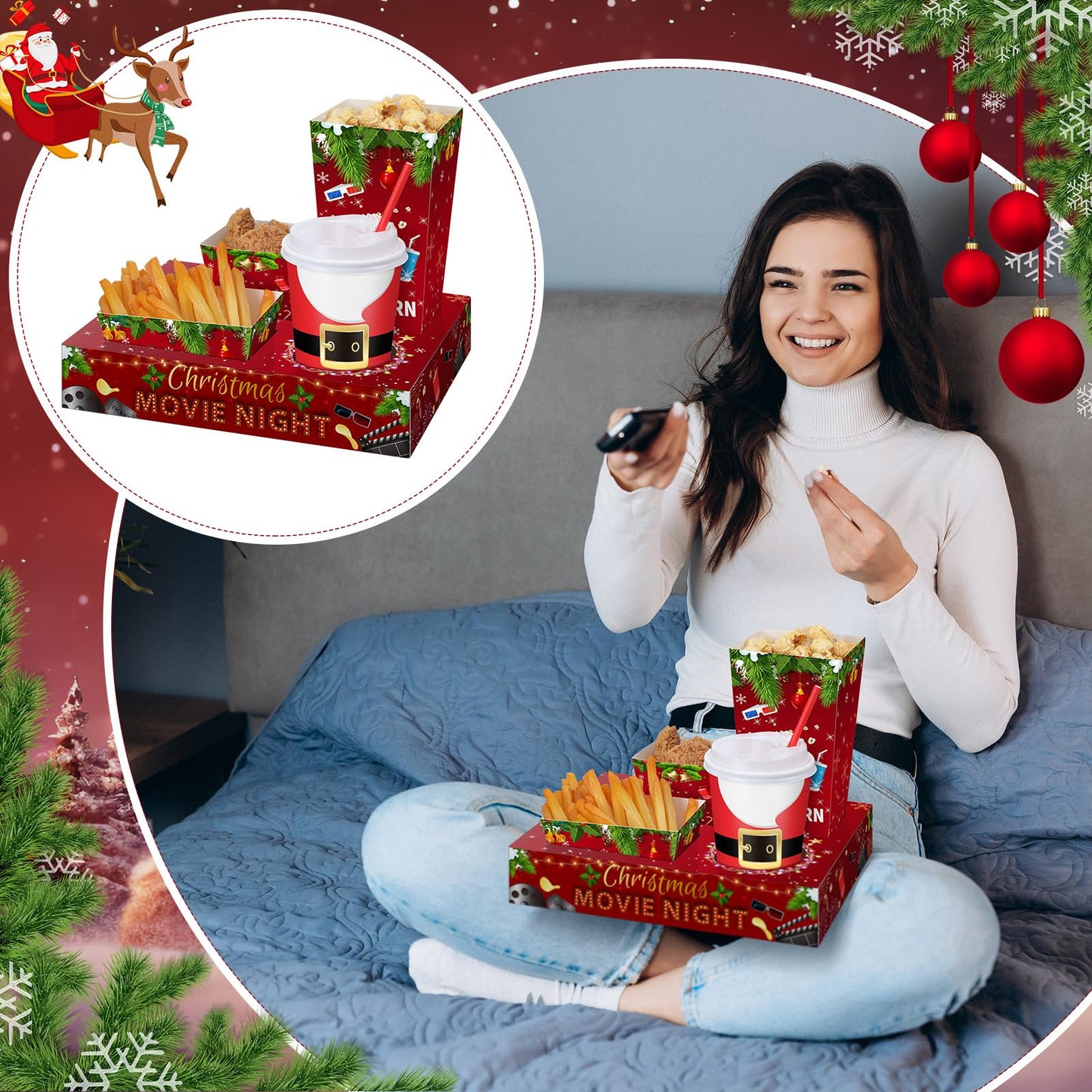 Bokon 172 Pcs/ 24 Sets of Christmas Movie Night Snack Trays 3 Sizes Snow Santa Snack Boxes, 16 oz Disposable Drinks Cups, 50 Straws, Complimentary Sealing Stickers for Cinema Party Decoration