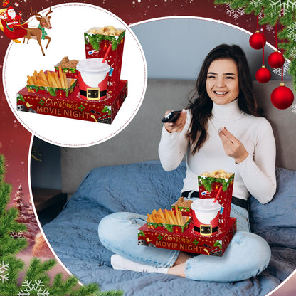 Bokon 172 Pcs/ 24 Sets of Christmas Movie Night Snack Trays 3 Sizes Snow Santa Snack Boxes, 16 oz Disposable Drinks Cups, 50 Straws, Complimentary Sealing Stickers for Cinema Party Decoration