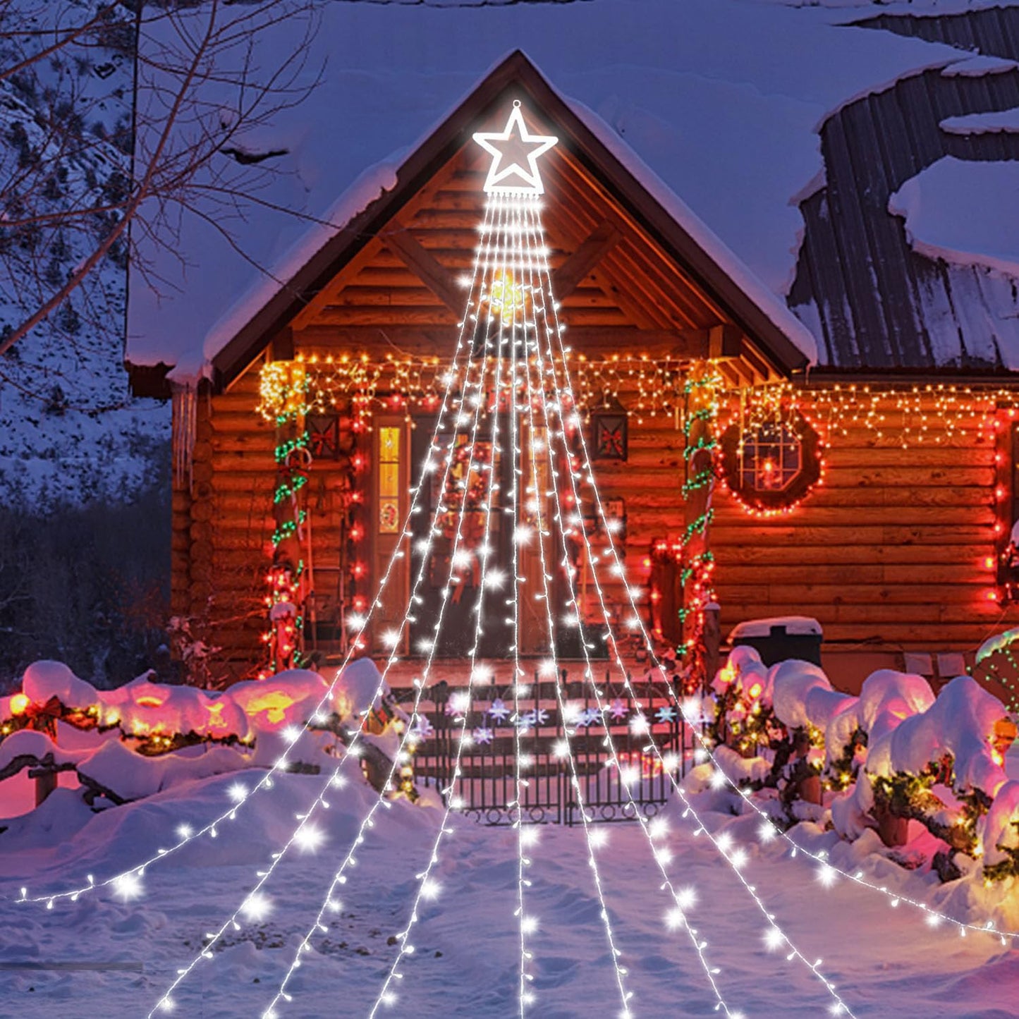 MINIAO Christmas Decorations Star String Lights, 320 LED Waterfall Tree Lights with 13" Topper Star 8 Lighting Modes Indoor Outdoor Decorative for New Year, Holiday, Wedding, Party