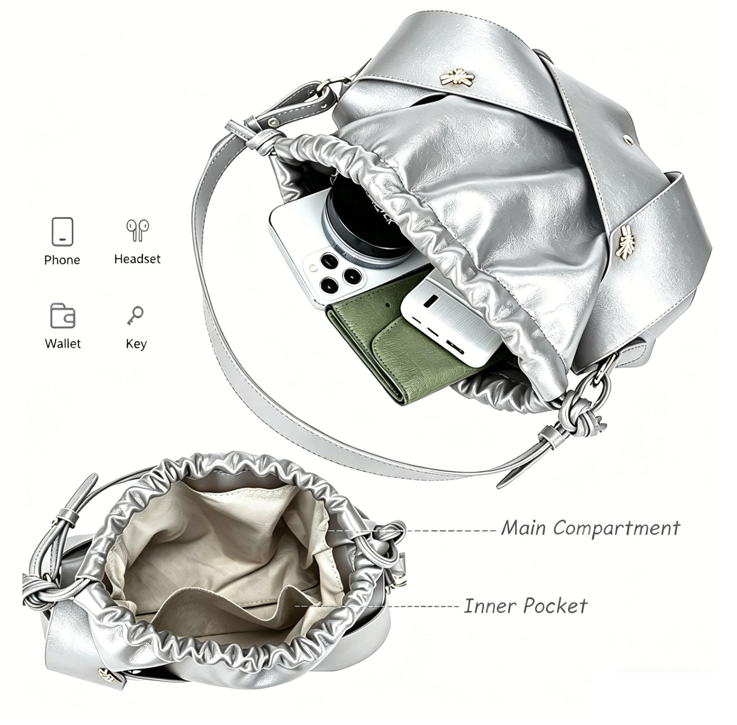 Ophlid Gold Drawstring Bag for Women Evening Bucket Purse Woven Pu Leather Hobo Handbag Cloud Clutch Purse Silver