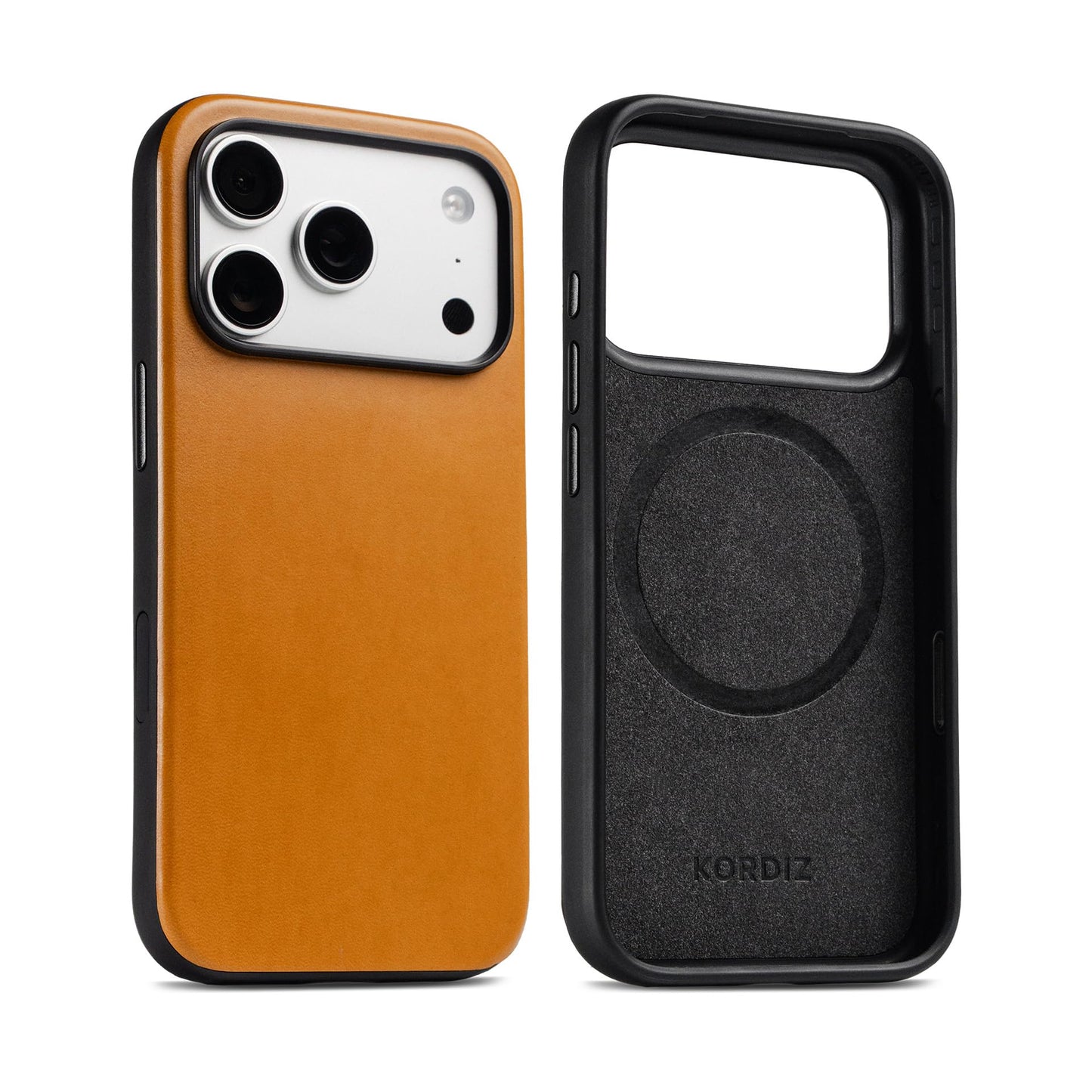 KORDIZ Impact Leather Case for iPhone 17 Pro – Full-Grain Leather MagSafe Case with Camera Control Button – 360° Shockproof Bumper – Rugged Patina-Ready Protection – Slim Grip Cover (English Tan)