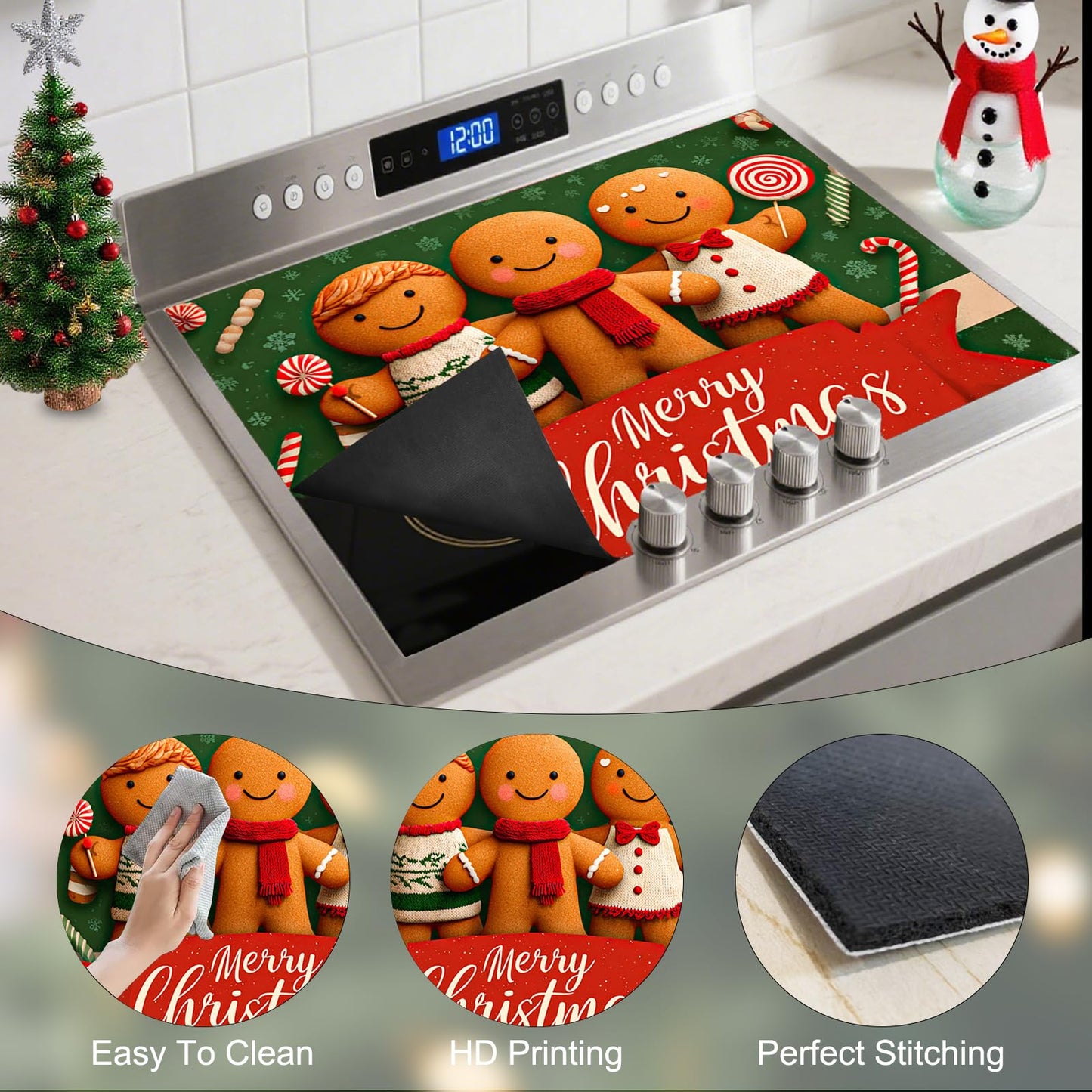 Nuxovilar Christmas Stove Top Cover 28.35×20.47 Inch – Gingerbread Man Design for Holiday Kitchen Decor – Festive Stove Burner Cover, Polyester & Diatom Mud Blend