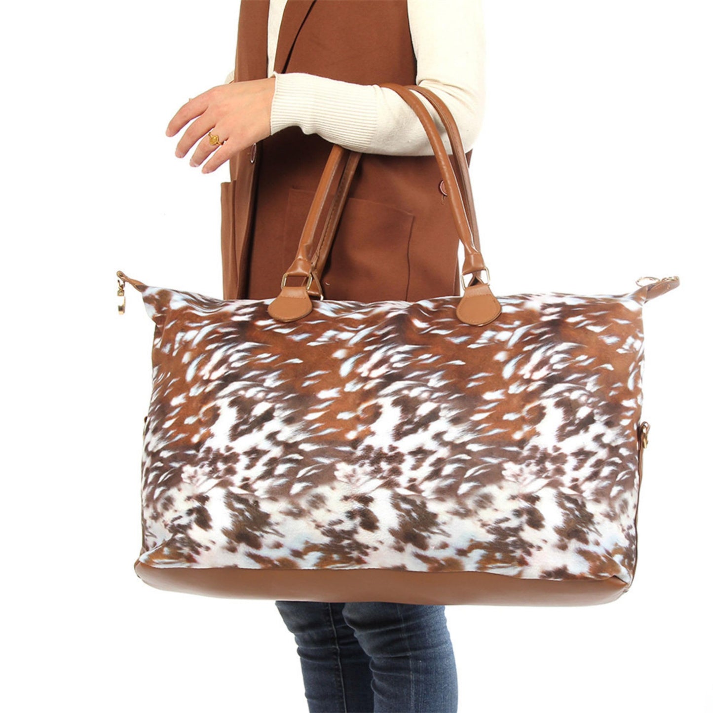 Brindle Cow Print Weekender Bag Duffle Bag For Women Large Travel Tote Bag Overnight Weekend Bags With Shoulder Strap