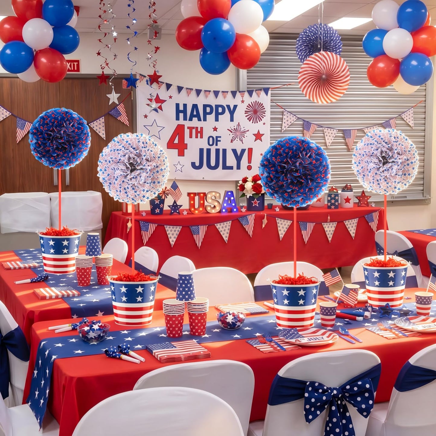 4 Set 18'' Large 4th of July Patriotic Table Centerpiece Decor DIY American Flag Metal Pail Bucket with 16'' Red White Blue Star Pom Pom 3D 250th Anniversary Table Decor Raffia