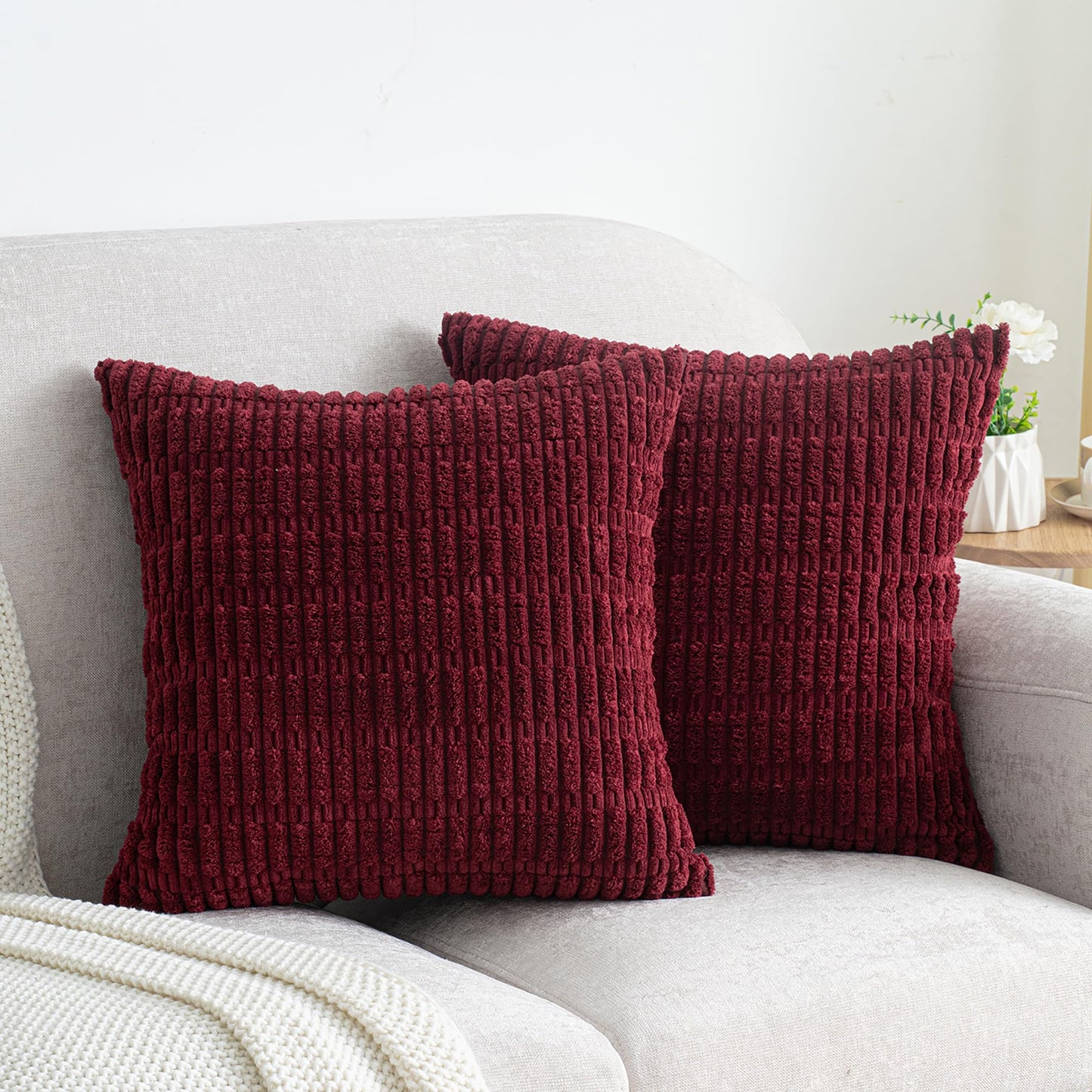 Smile of hope Pack of 2 Burgundy Corduroy Decorative Pillow Covers 18x18 Inch Soft Striped Boho Throw Pillow Covers Modern Farmhouse Home Decor for Sofa Living Room Couch Bed