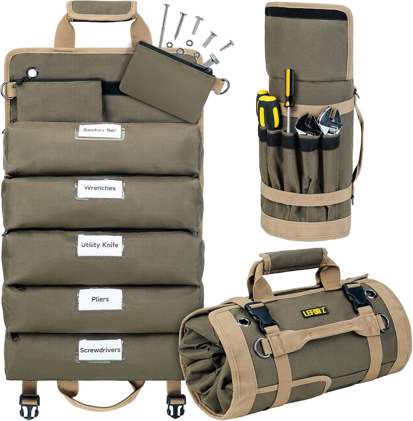 Tool Bag,Large Roll Up Tool Bag Organizer,13 Pockets Tool Roll Storage Pouch,Heavy Duty Portable Tool Storage Carrier Bag for Men,Mechanic,Electrician,Valentines Day Gifts for Men,Olive Green