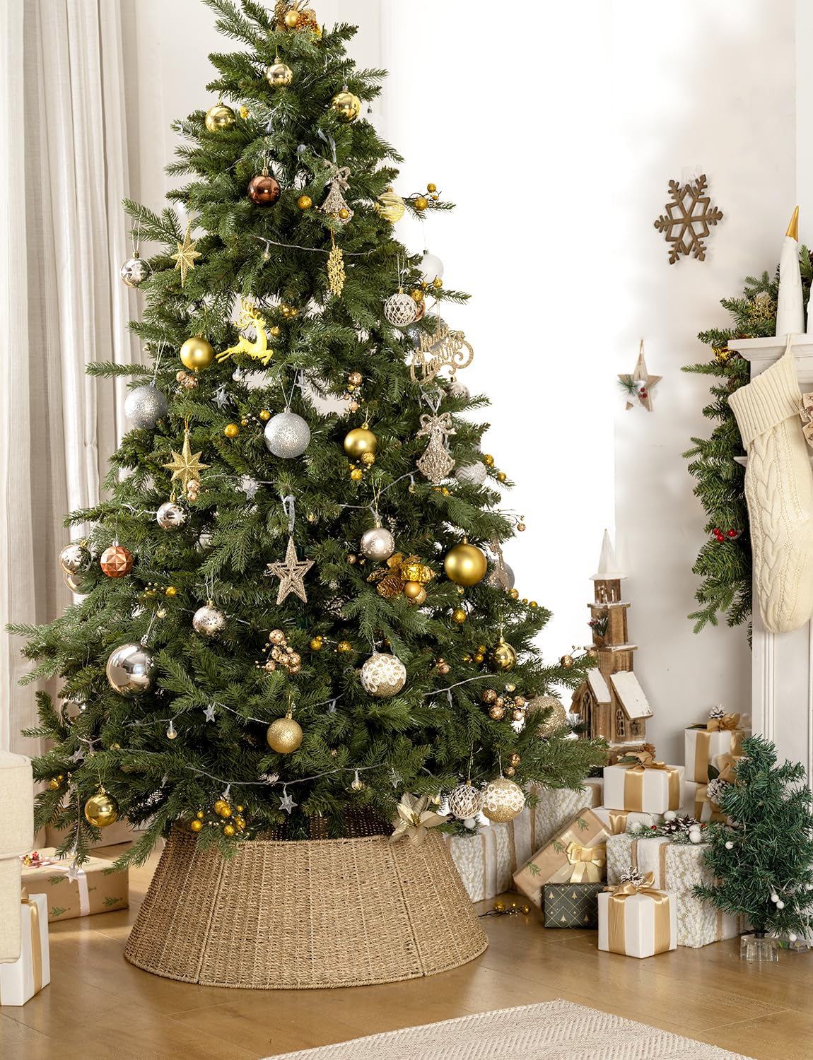StorageWorks 26 Inch Christmas Tree Collar, 5-Piece Durable Seagrass Christmas Tree Skirt for Home Decor, Handcrafted Tree Base Cover for Artificial Trees, Large