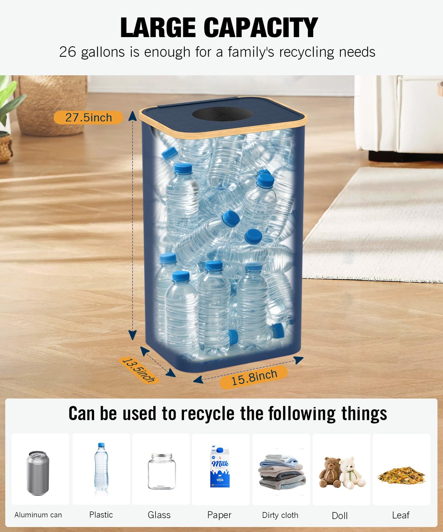 Recycling Bins for Kitchen, 26 Gallon (100L) Recycle Bin with lid, Indoor Oxford Fabric Recycling Trash Can with 2 Pack Removeable and Reusable Inner Bags for Bottle Can Glass Plastic Sticker, Blue