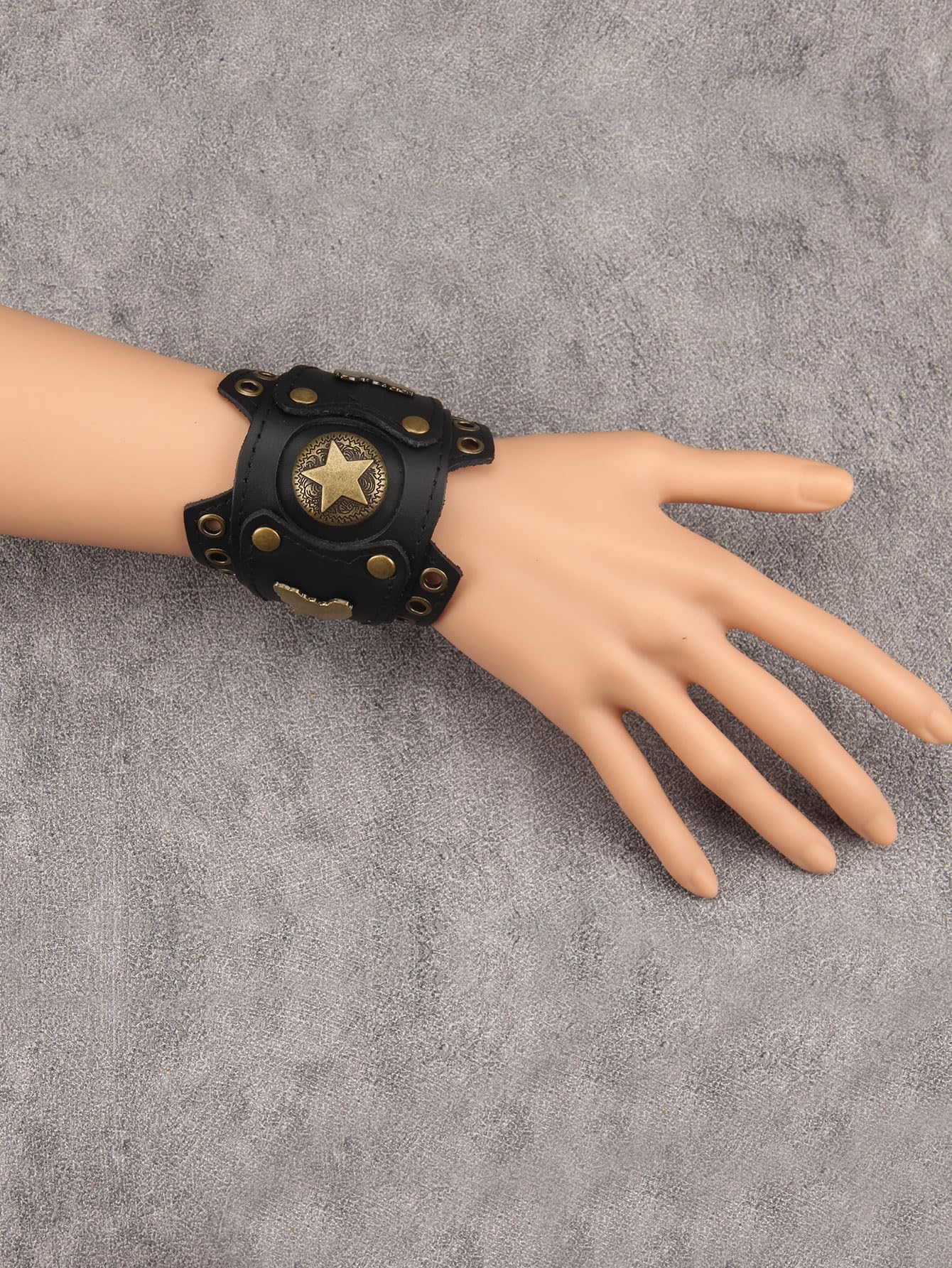 GelConnie Womens Black Leather Cuff Bracelet Wide Leather Biker Cuff Bracelet for Men Star Studded Punk Rock Wristband Gothic Bracelets
